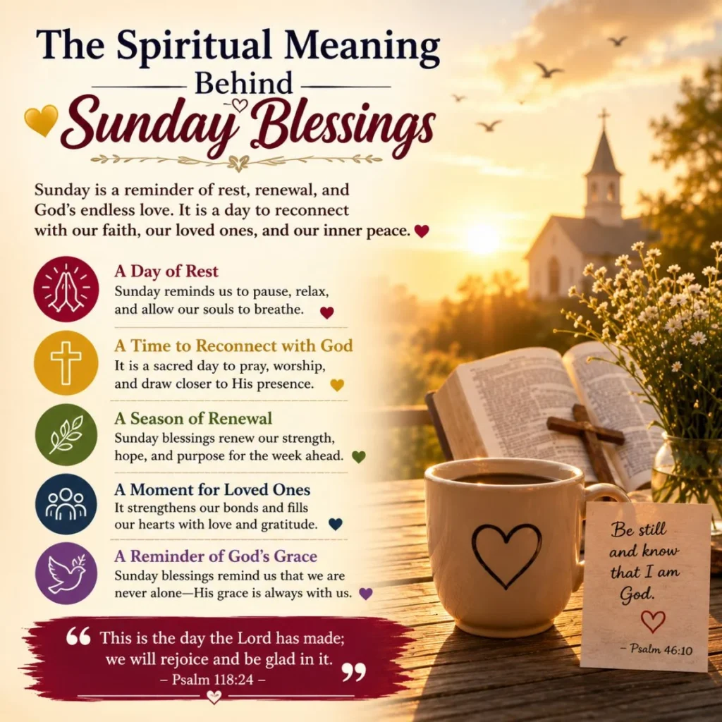 Spiritual Sunday blessings image with sunrise, Bible, coffee cup, church, and peaceful faith-inspired message