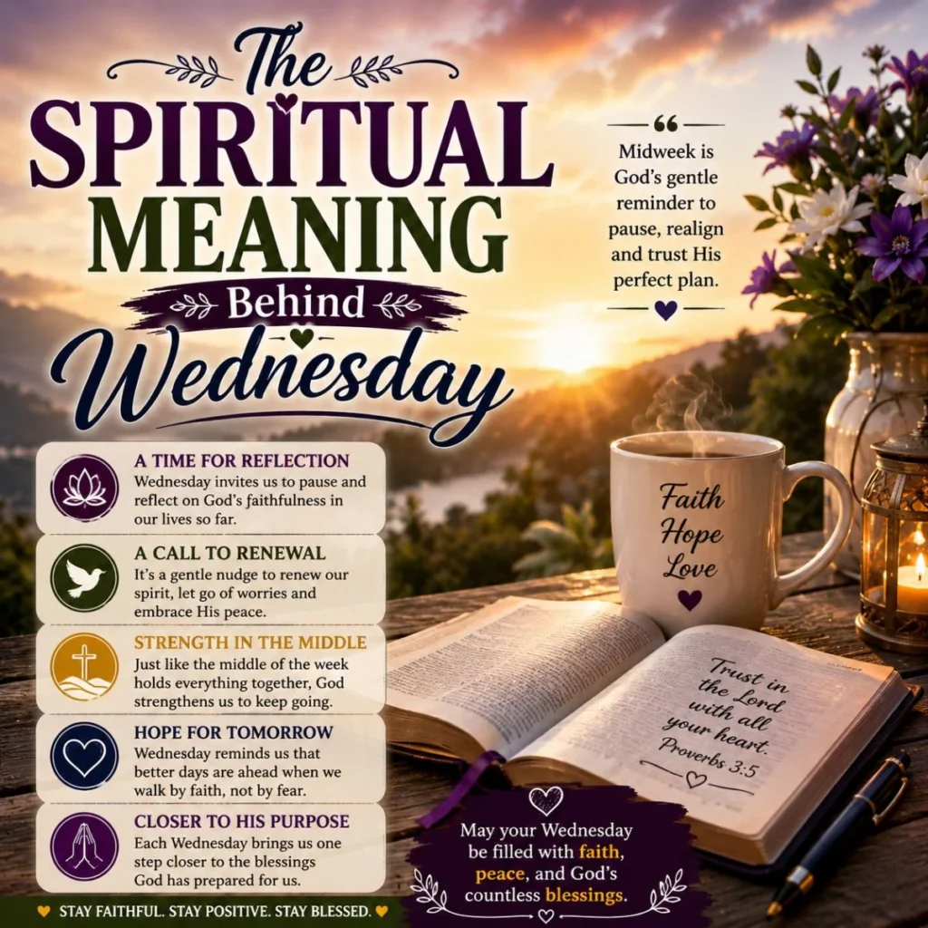 Spiritual meaning behind Wednesday image with sunrise, Bible, faith mug, flowers, and peaceful blessings