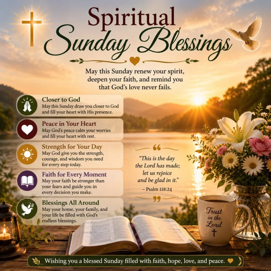 Spiritual Sunday blessings image with sunrise, Bible, cross, dove, flowers, and peaceful Psalm