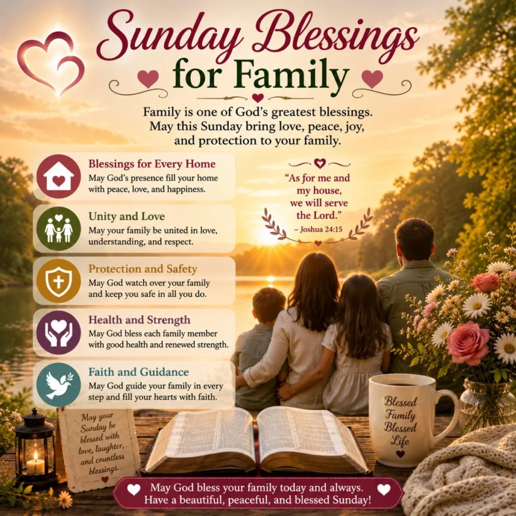 Sunday blessings for family image with sunset, Bible, family, flowers, love, protection, and Joshua