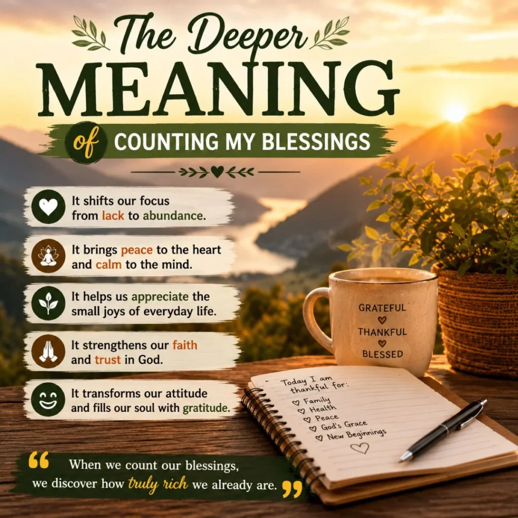 The deeper meaning of counting my blessings with gratitude journal, coffee mug, and peaceful sunrise landscape