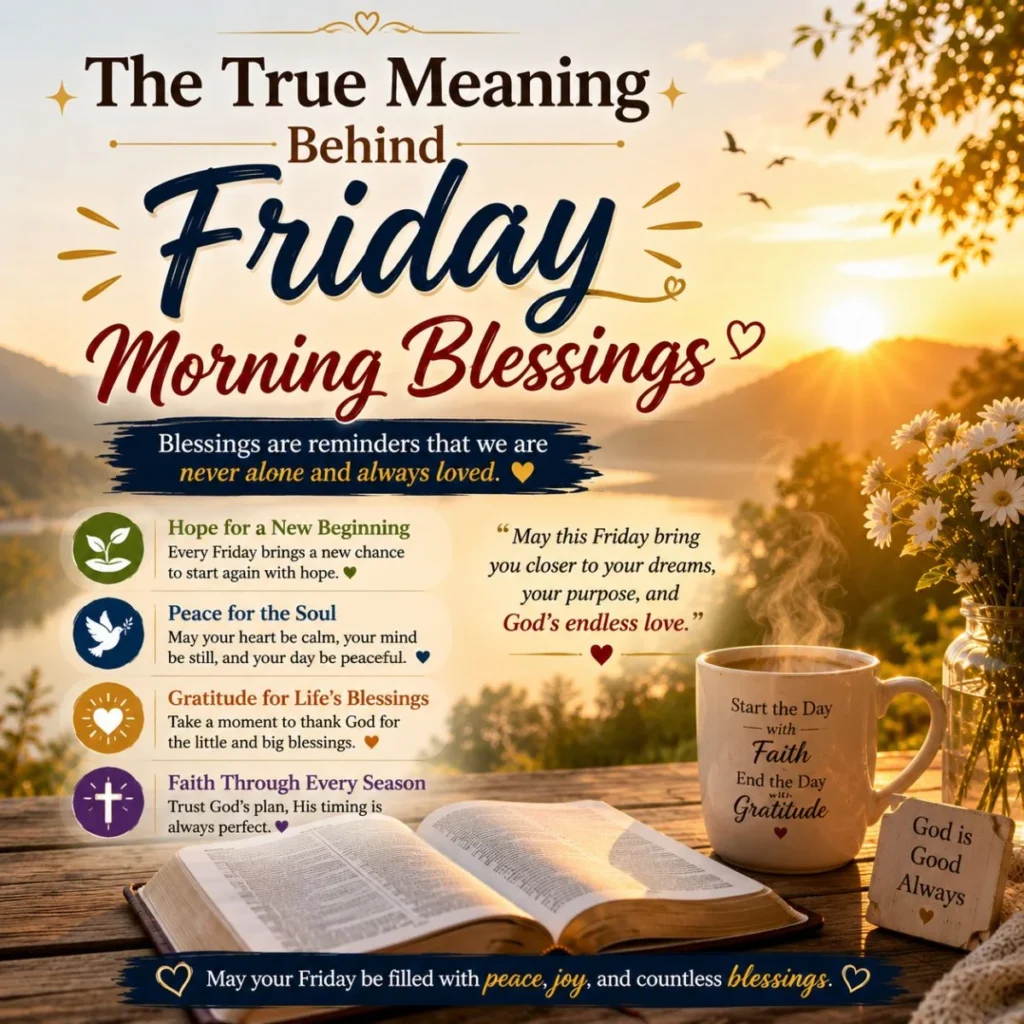 Friday morning blessings image with sunrise, Bible, coffee, flowers, faith, peace, hope, and gratitude