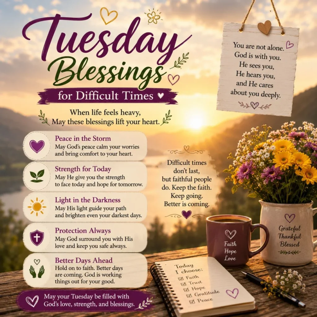 Tuesday blessings for difficult times with sunset, flowers, prayer notes and hope message