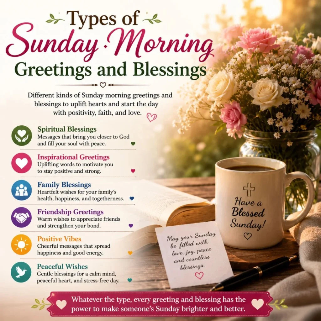 Types of Sunday morning greetings and blessings with coffee, flowers, Bible, and uplifting faith messages