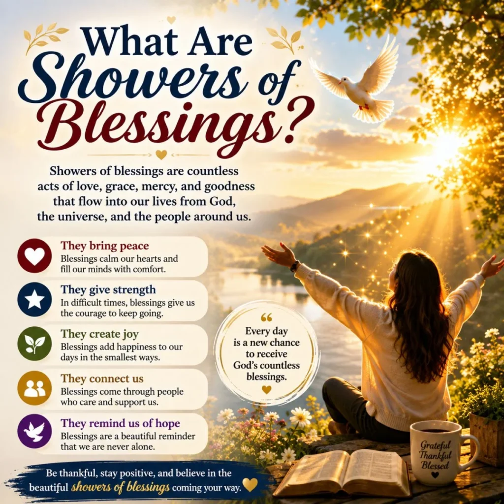 What are showers of blessings infographic with sunrise, dove, prayer, peace, strength, joy, and hope