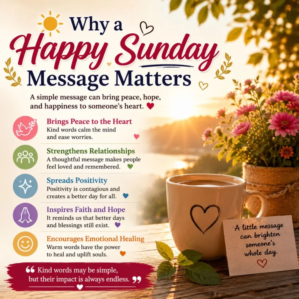 Happy Sunday message infographic with sunrise, coffee cup, flowers, and uplifting reasons why kind messages matter