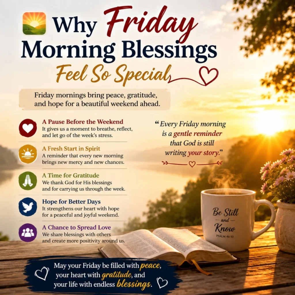 Friday morning blessings infographic with sunrise, Bible, coffee, peace, gratitude, and hope messages
