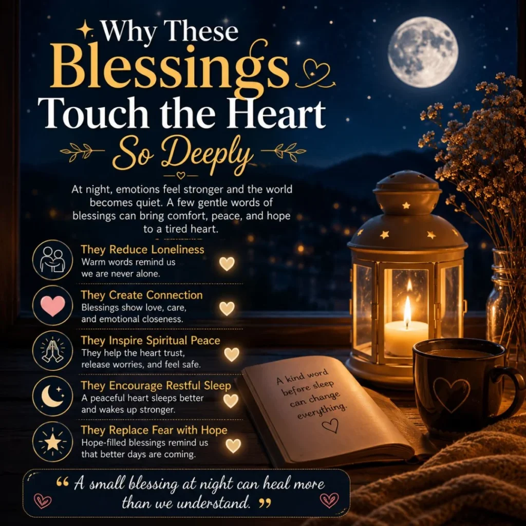 Goodnight blessings quotes with moon, lantern, hearts, and peaceful spiritual comfort message