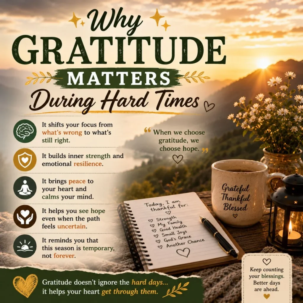 Why gratitude matters during hard times with journal, coffee mug, lantern, and peaceful sunrise mountains