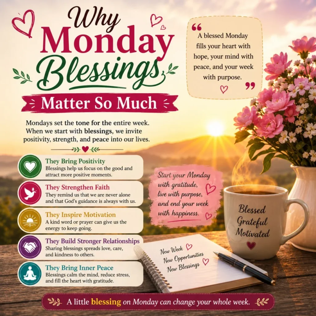 Monday blessings infographic with sunrise, coffee, flowers, gratitude, faith and inner peace