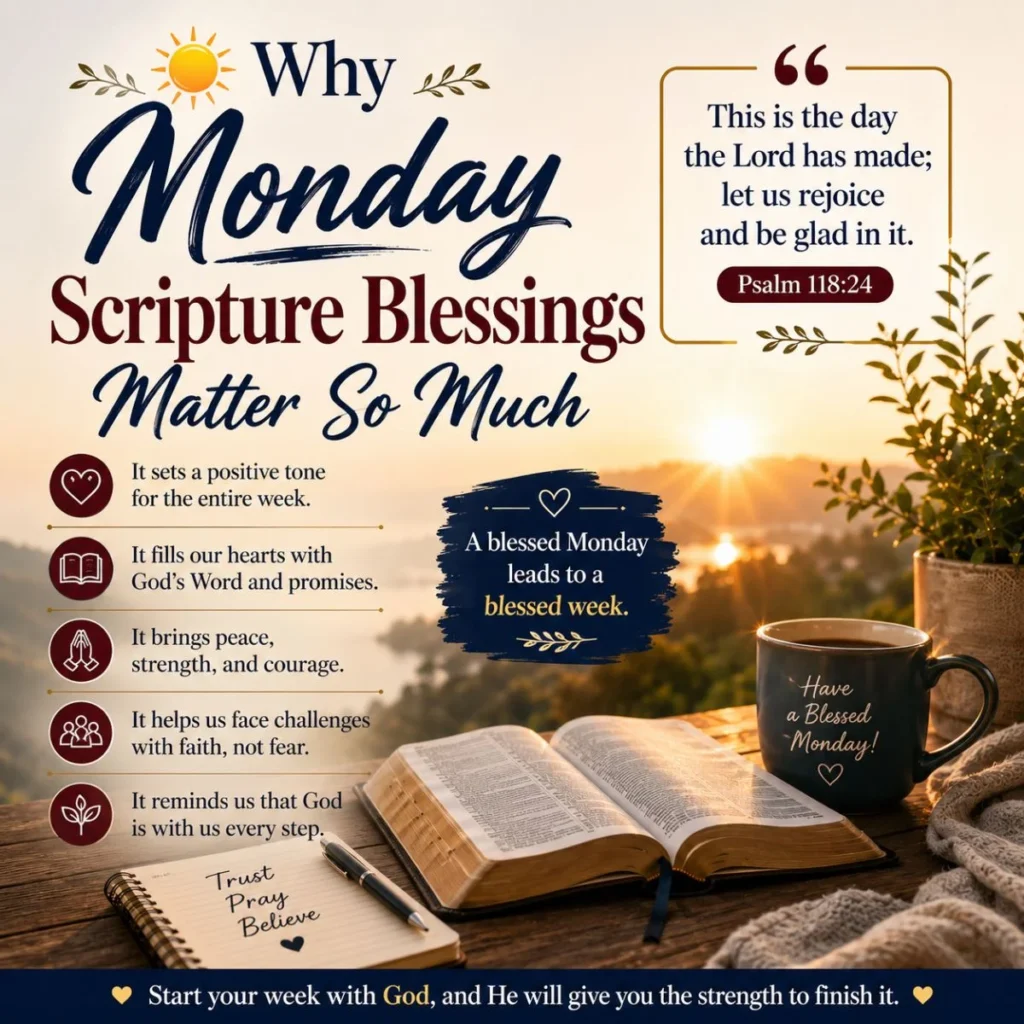 Monday scripture blessings with open Bible, sunrise, coffee mug, and Psalm 118:24 for weekly faith and peace