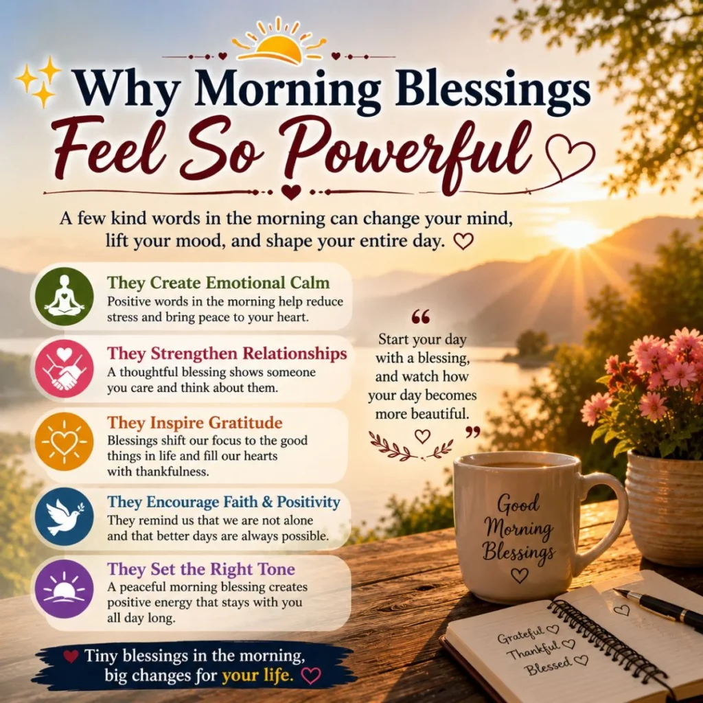 Morning blessings infographic with sunrise, coffee mug, flowers, and reasons blessings feel powerful