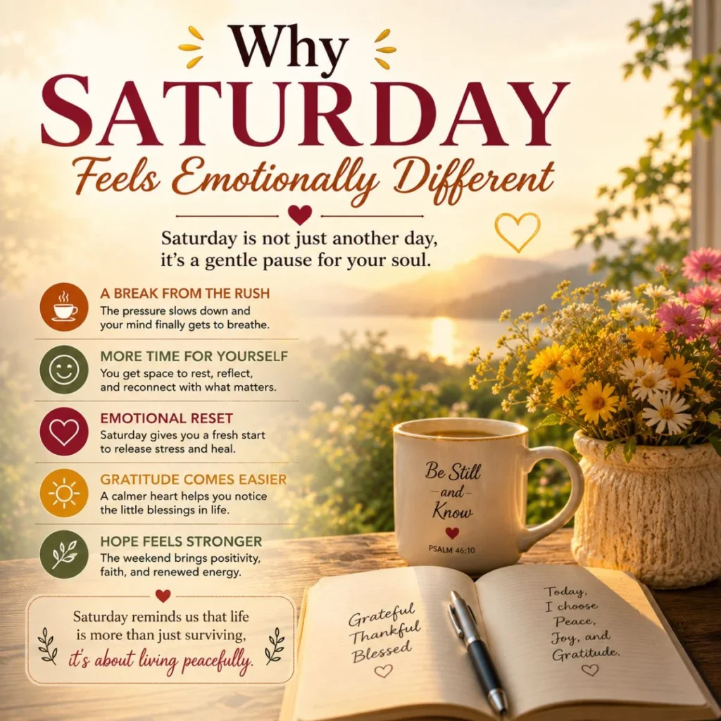 Saturday blessings emotional image with sunrise, flowers, coffee, journal, peace, gratitude, and hope