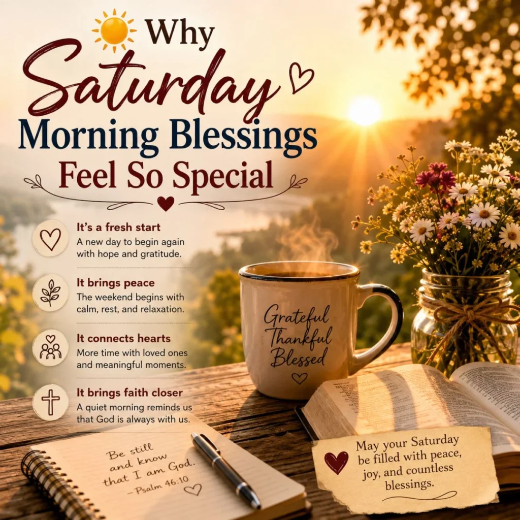 Saturday morning blessings with sunrise, coffee, Bible, flowers, peace, gratitude, and faith