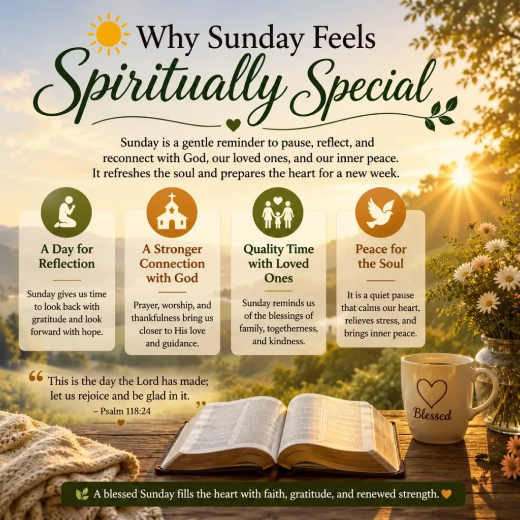 Sunday spiritual blessings image with sunrise, Bible, prayer icons, flowers, and Psalm 118:24 quote