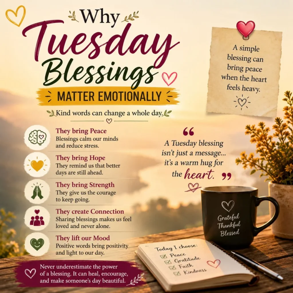 Tuesday blessings matter emotionally with sunrise, gratitude journal and peaceful heart message