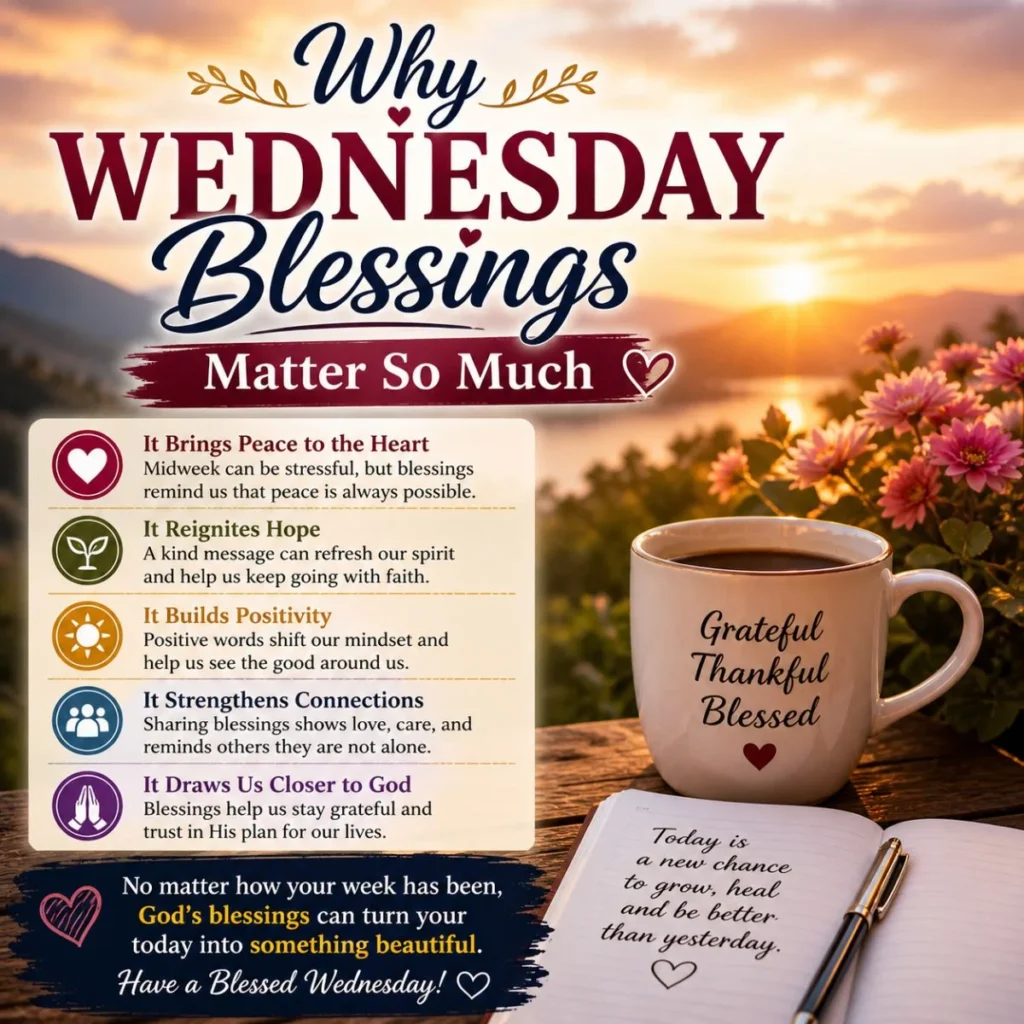Wednesday blessings infographic with sunrise, gratitude mug, journal, flowers, and peaceful spiritual message