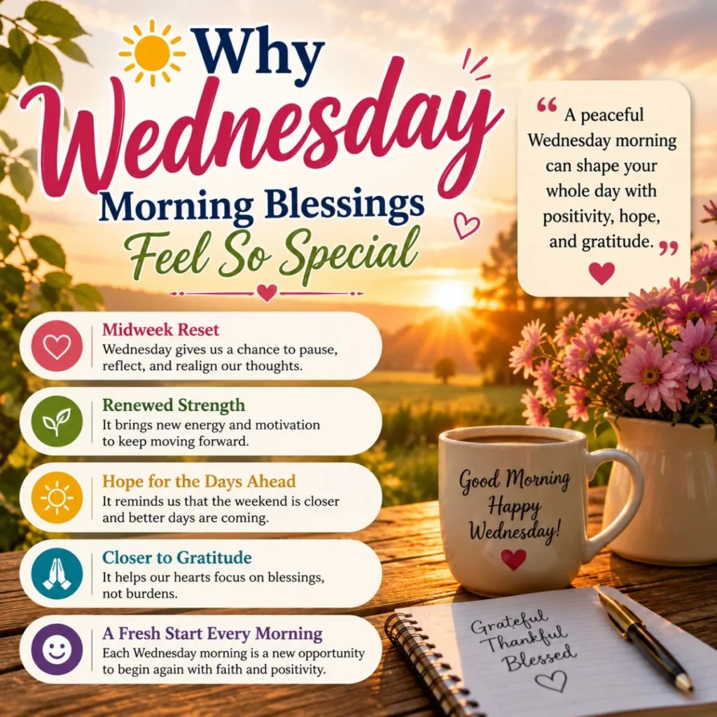 Wednesday morning blessings with sunrise, flowers, coffee, gratitude notes, and peaceful midweek inspiration