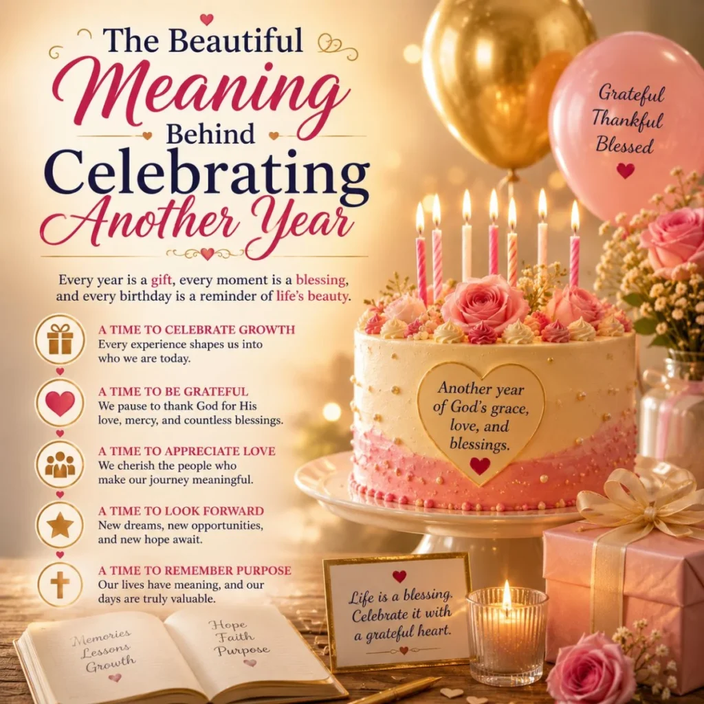 Celebrating another year birthday image with cake, candles, balloons, flowers, and grateful blessings