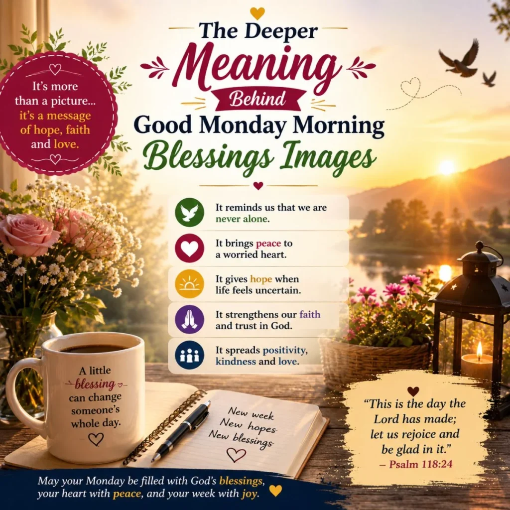 Good Monday morning blessings images with sunrise, coffee, flowers, prayer note, and peaceful faith message