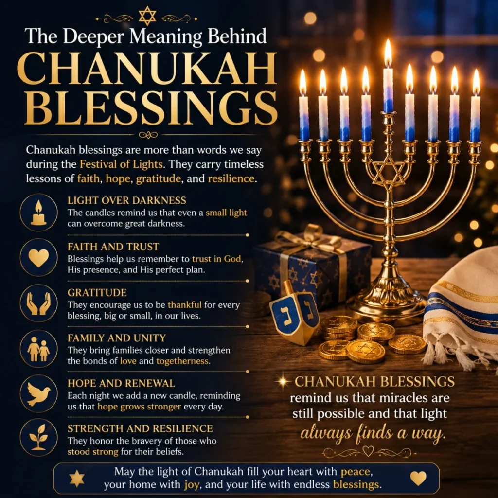 Chanukah blessings infographic with menorah candles, faith symbols, and messages about hope, gratitude, and resilience