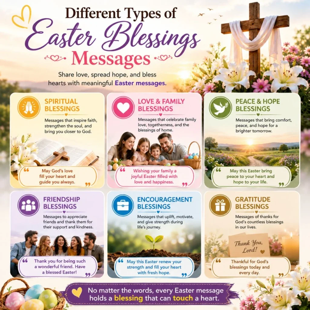 Different types of Easter blessings messages with cross, lilies, family, friendship, hope, and gratitude