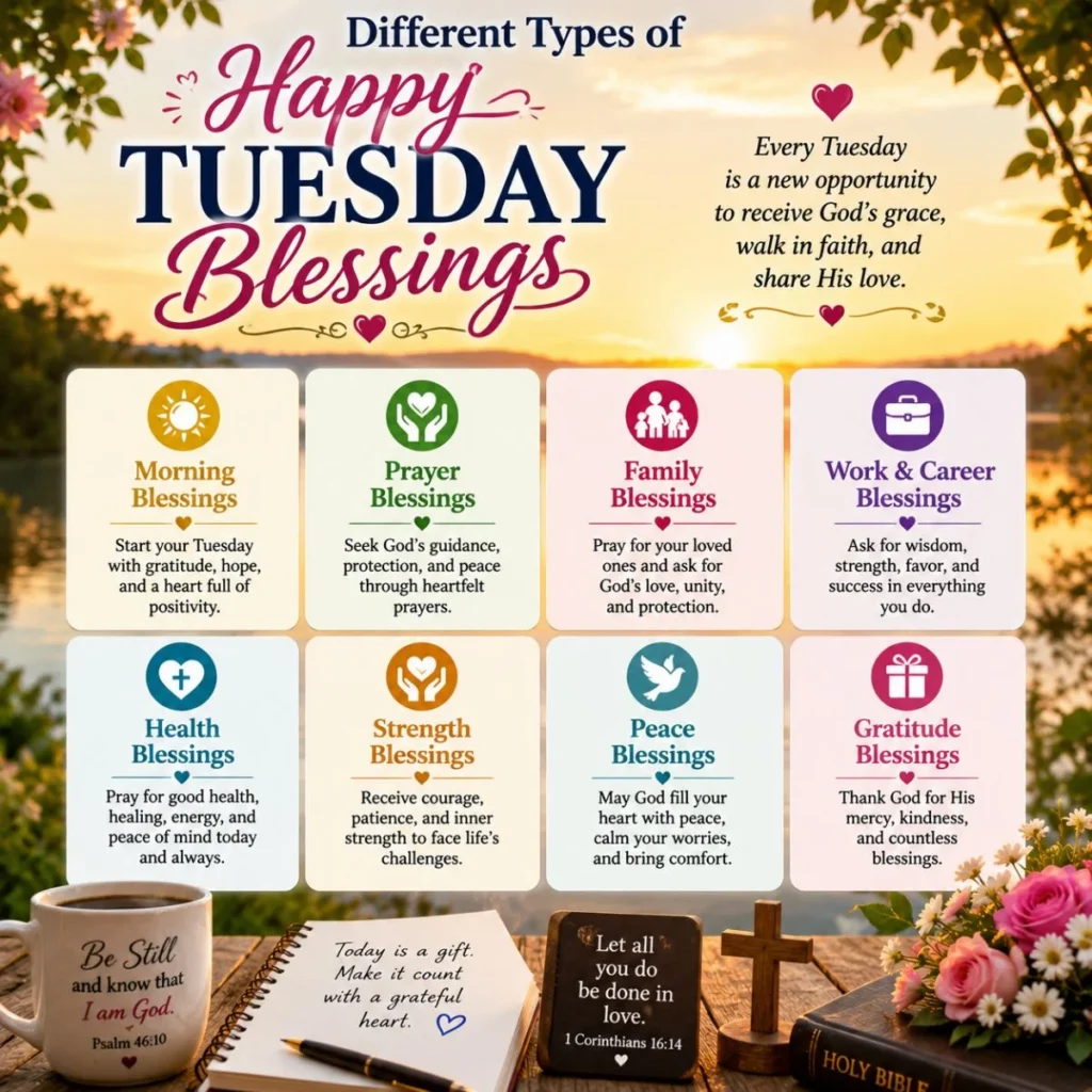Different types of happy Tuesday blessings with sunrise, Bible, prayer, gratitude, family, peace, and hope illustration