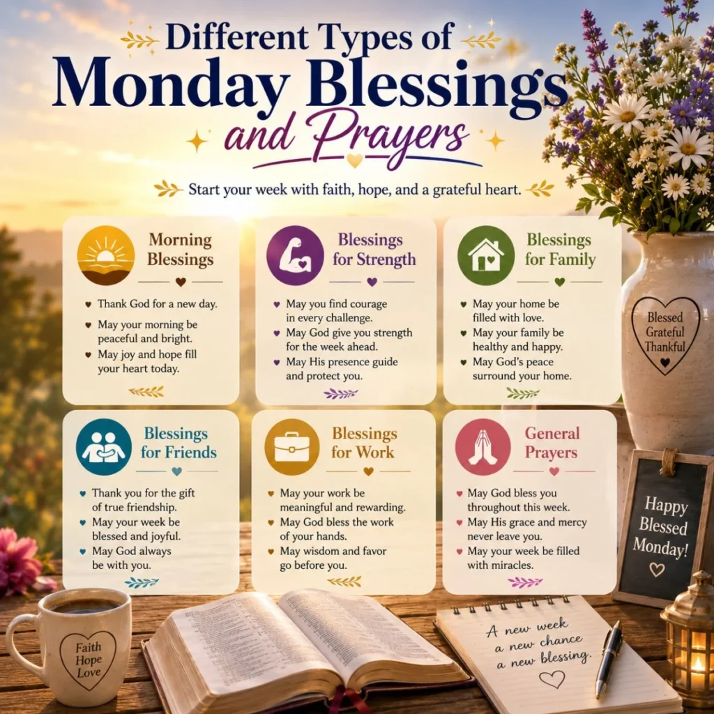 Different types of Monday blessings and prayers with Bible, flowers, sunrise, and faith cards