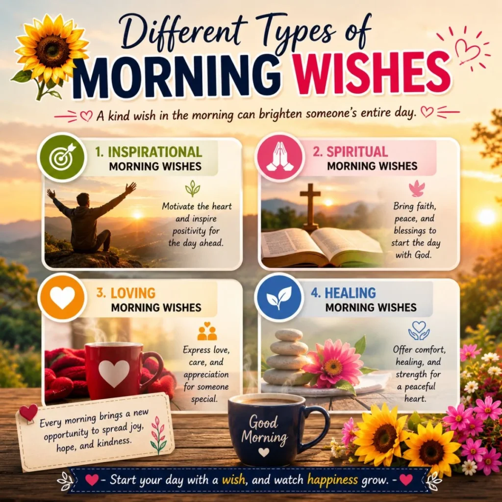 Different types of morning wishes infographic with sunrise, flowers, coffee, spiritual and healing messages