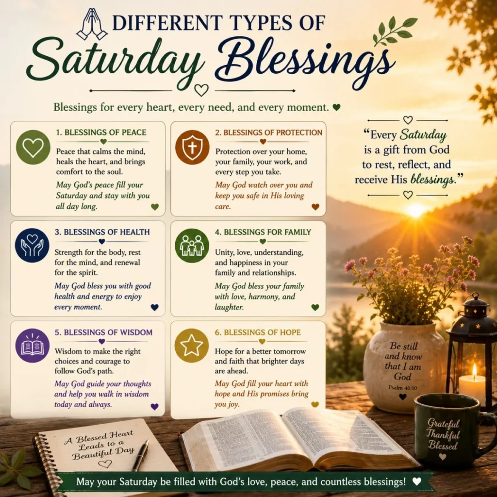 Different types of Saturday blessings with Bible, sunrise, prayer icons, flowers, and peaceful faith messages