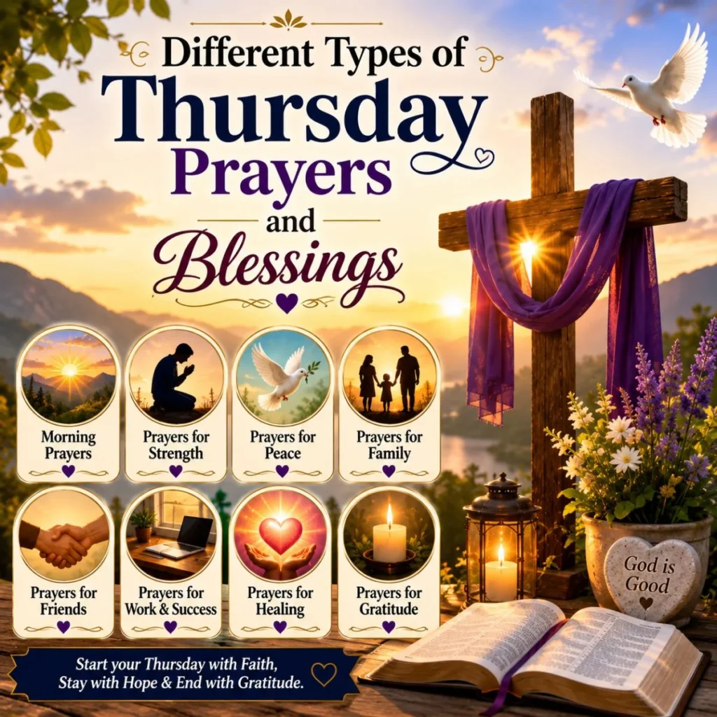 Different types of Thursday prayers and blessings image with faith, family, peace, gratitude, and sunrise