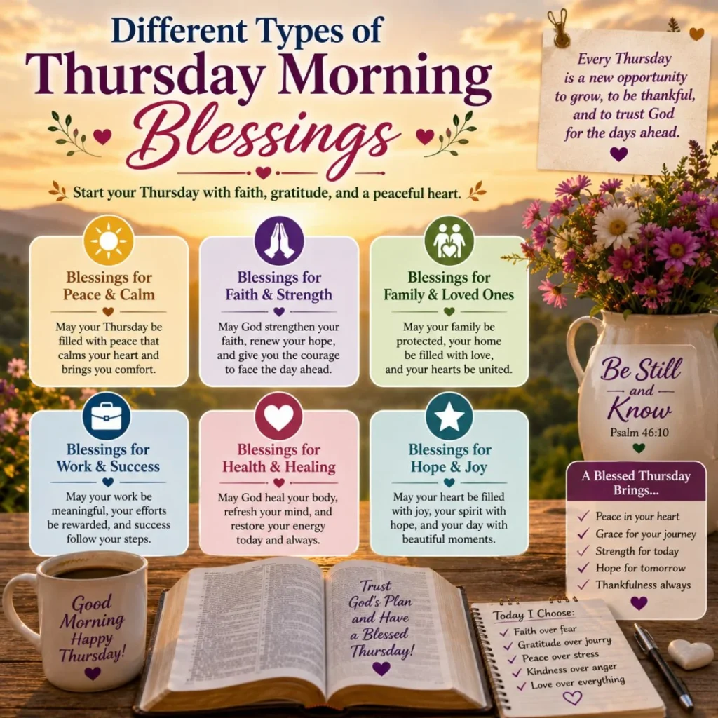 Different types of Thursday morning blessings with Bible, sunrise, coffee, flowers, and prayer messages