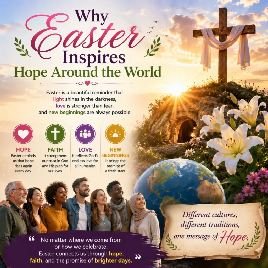 Easter inspires hope around the world with cross, sunrise, lilies, diverse people, and new beginnings