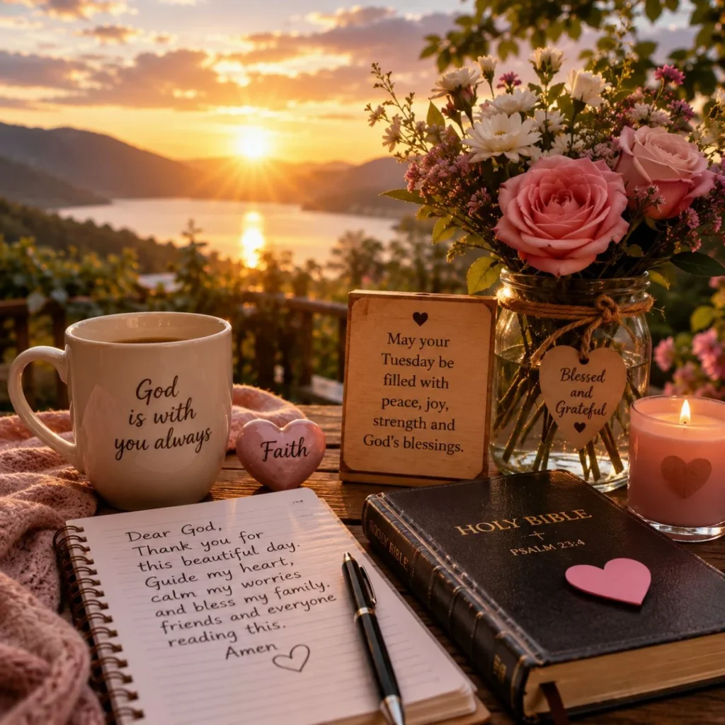 Heartfelt Tuesday prayer blessings with Bible, candle, roses, and peaceful sunrise