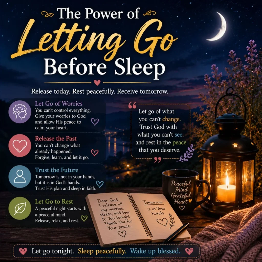 Letting go before sleep image with night blessings, lantern, journal, moon, and peaceful prayer