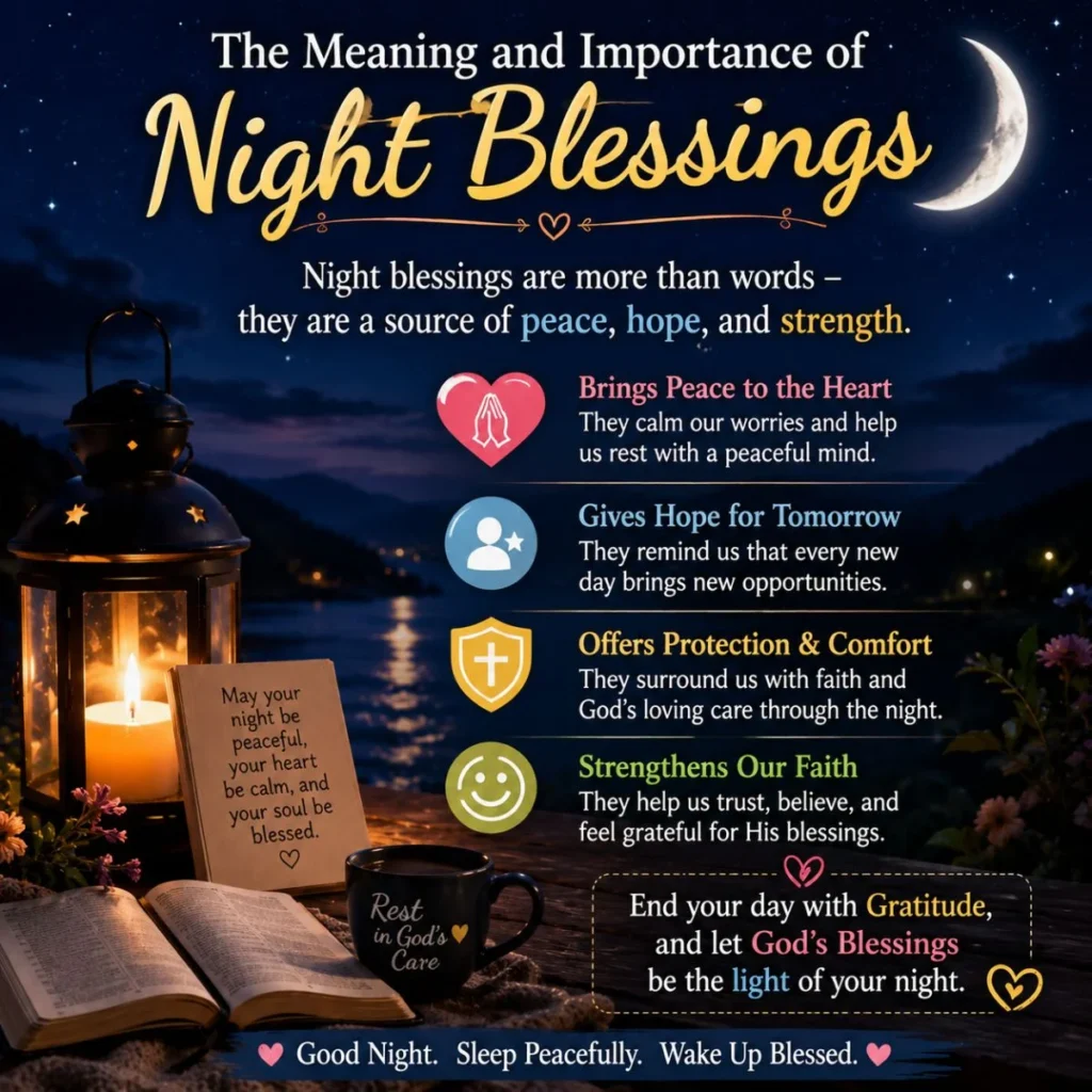 Night blessings meaning image with moon, lantern, Bible, and peaceful spiritual comfort