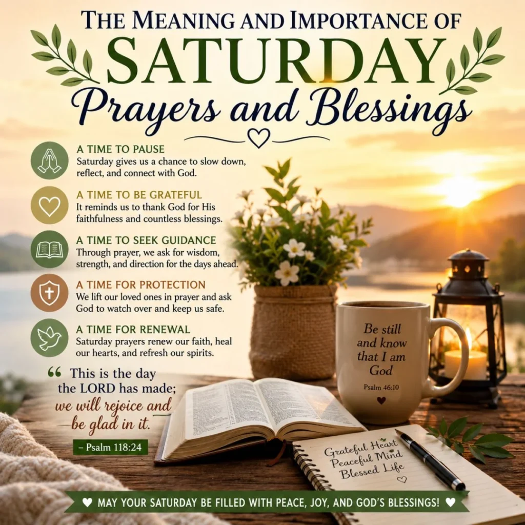 Meaning and importance of Saturday prayers and blessings with Bible, sunrise, coffee mug, and peaceful reflection