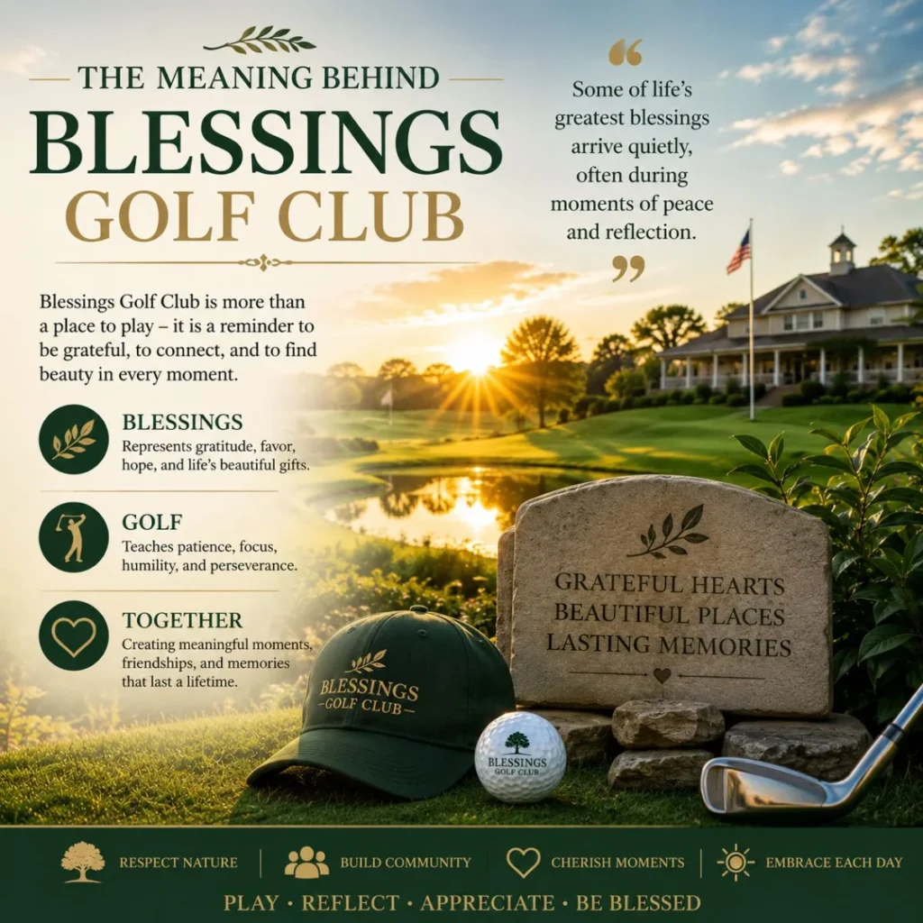 Blessings Golf Club sunrise scene with golf course, gratitude symbols, and inspirational golf club message