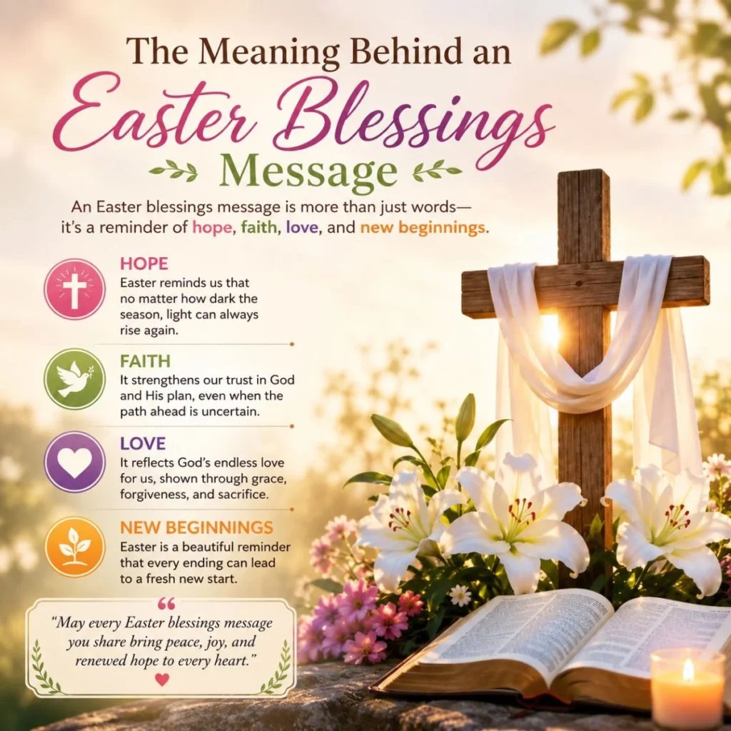 Easter blessings message meaning with cross, Bible, lilies, hope, faith, love, and new beginnings