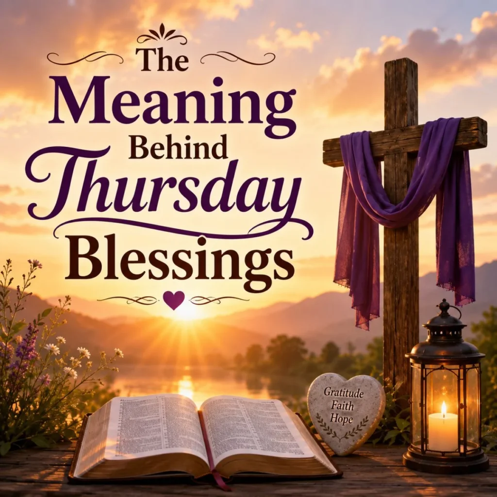 Meaning behind Thursday blessings image with cross, Bible, candle, sunrise, faith, gratitude, and hope