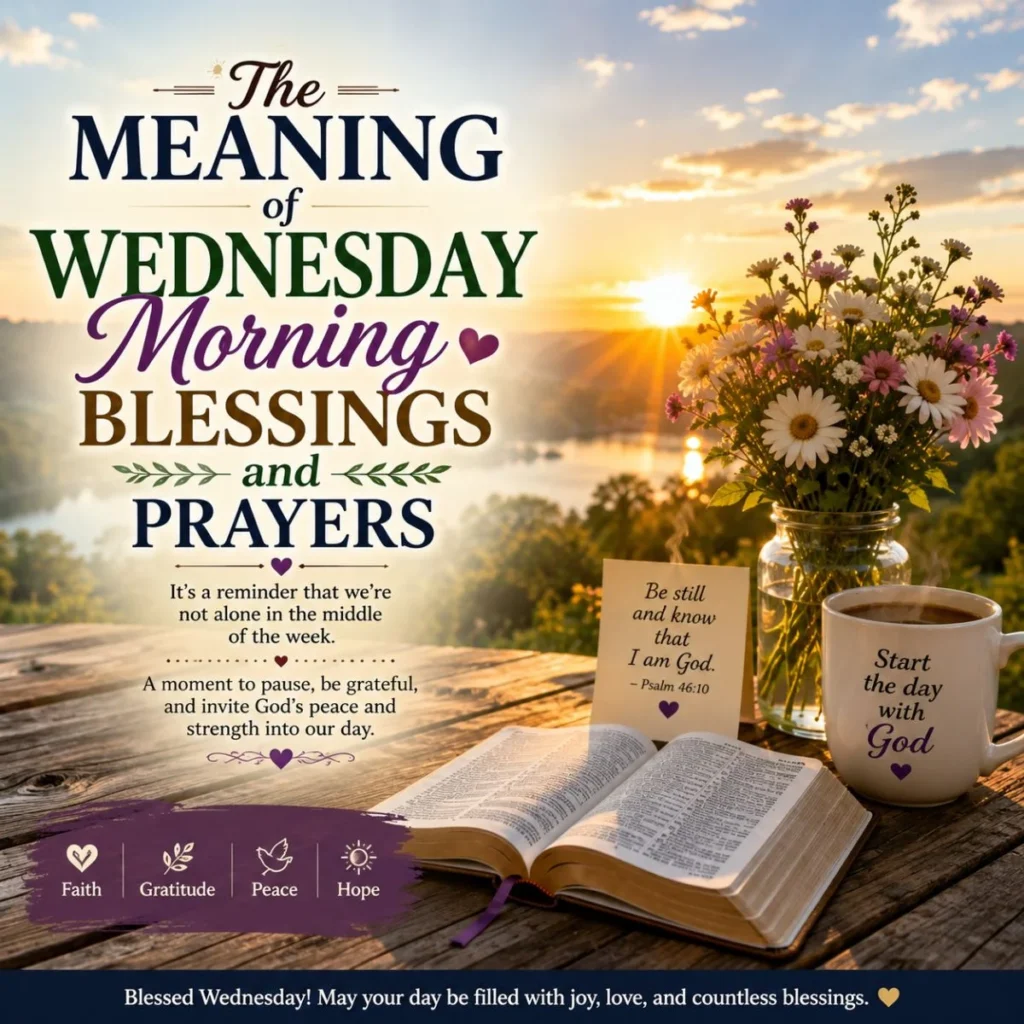 Wednesday morning blessings and prayers with Bible, sunrise, flowers, faith, gratitude, peace, and hope