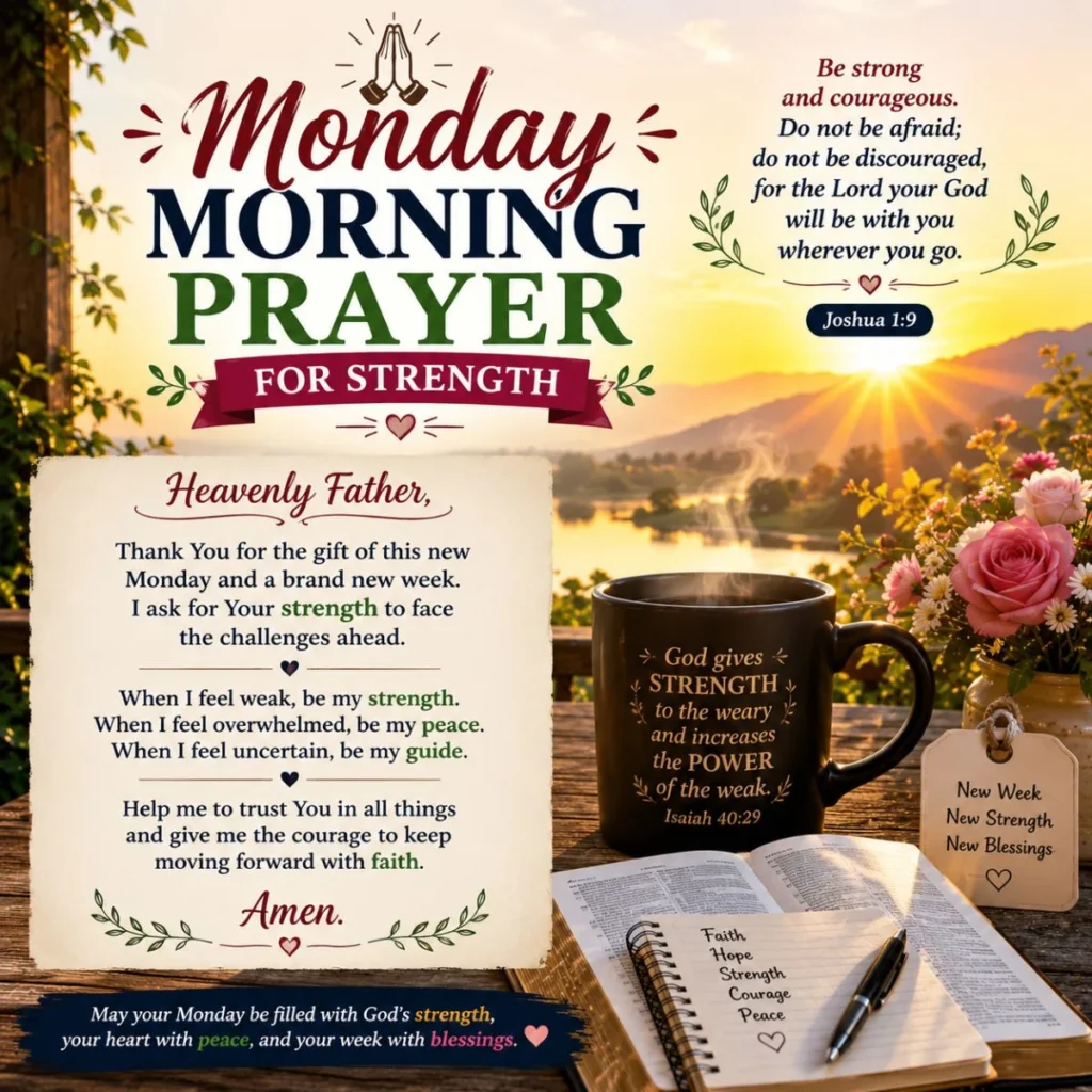 Monday morning prayer for strength image with sunrise, Bible, coffee mug, and inspirational faith message