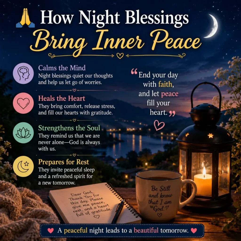 Night blessings inner peace image with moon, lantern, journal, prayer, and calming bedtime message
