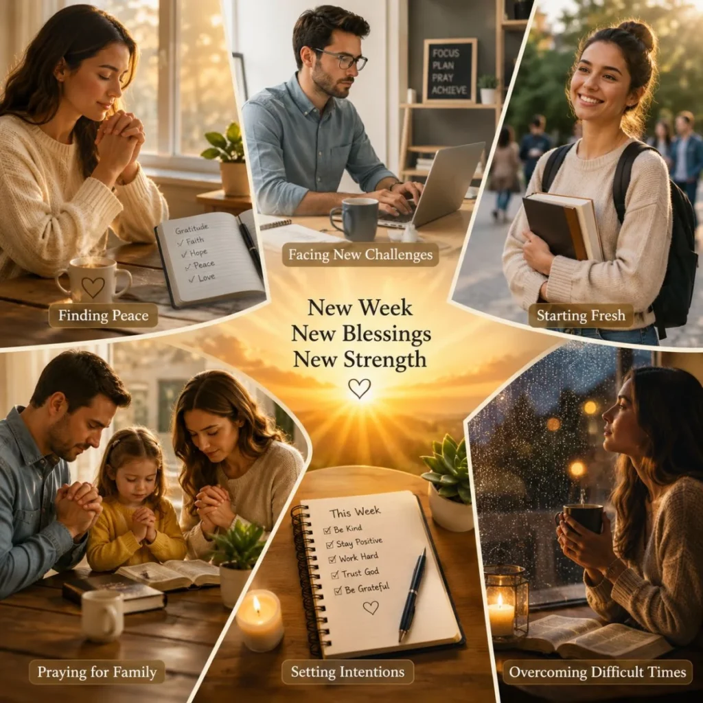 Monday blessings collage with prayer, family, work, school, and peaceful reflection moments