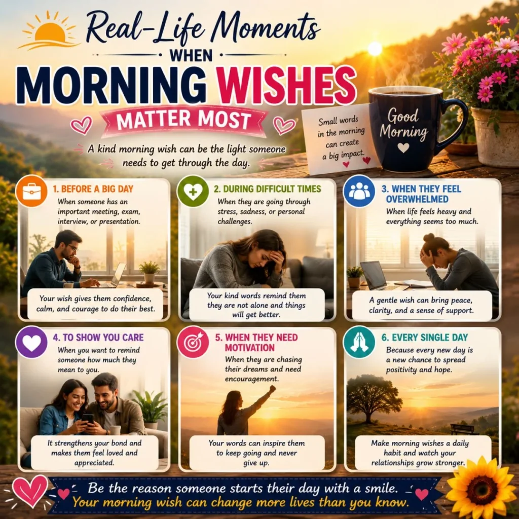 Morning wishes infographic showing real-life moments with sunrise, coffee, support, motivation, and care