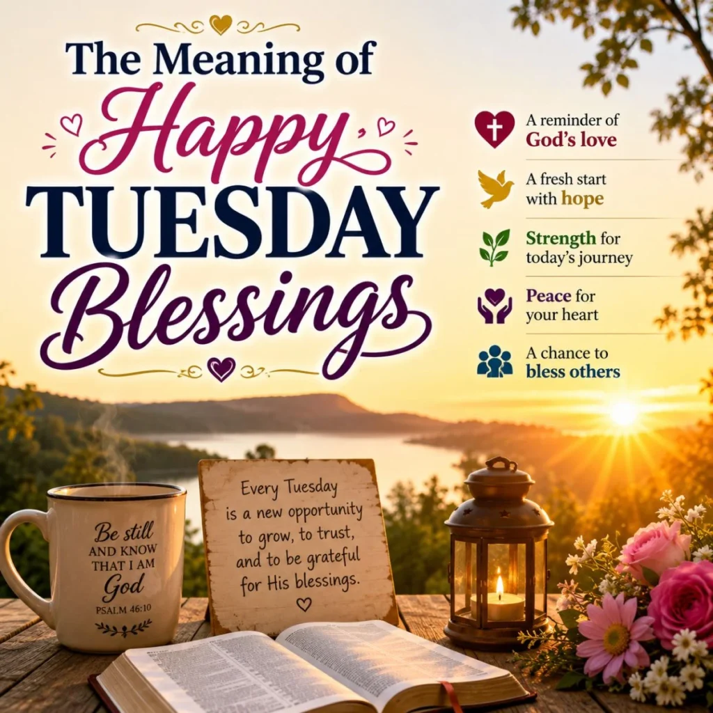 The meaning of happy Tuesday blessings with sunrise, Bible, candle, flowers, and peaceful faith-inspired morning scene