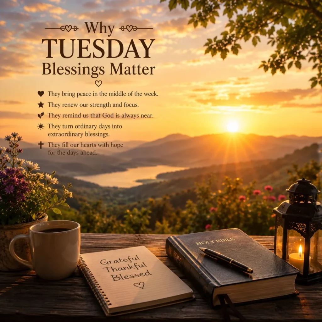 Tuesday blessings sunrise with Bible, candle, coffee, and gratitude notebook