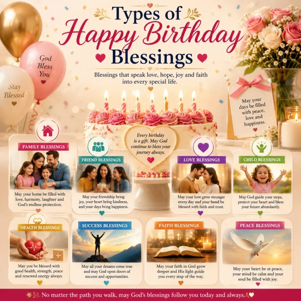 Types of happy birthday blessings image with cake, candles, balloons, flowers, and blessing cards