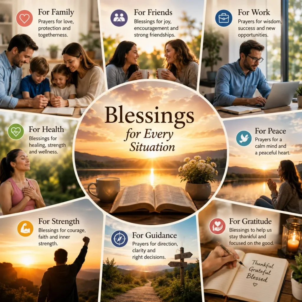 Monday blessings infographic showing prayers for family, friends, work, health, peace, strength, and gratitude