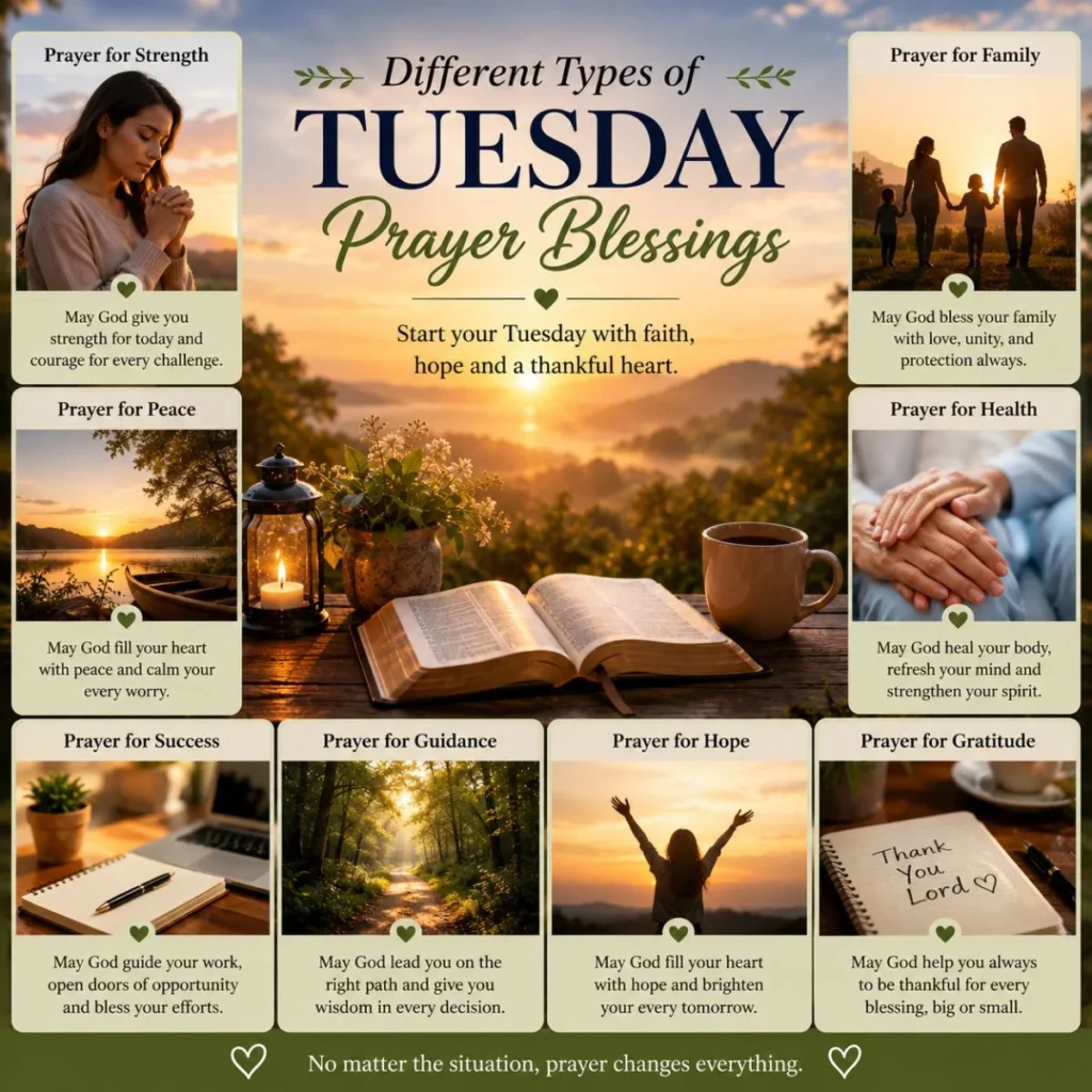 Different types of Tuesday prayer blessings with Bible, sunrise, family, healing, and gratitude